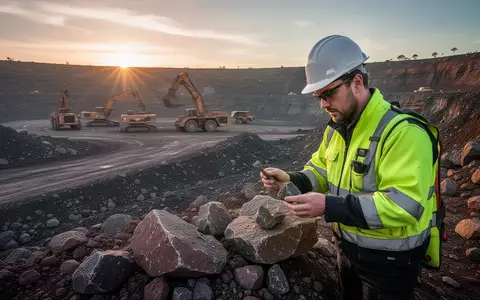 Geologe untersucht Gesteinsproben auf einem Bergbaugelände bei Sonnenaufgang. - Foto: über boerse-global.de