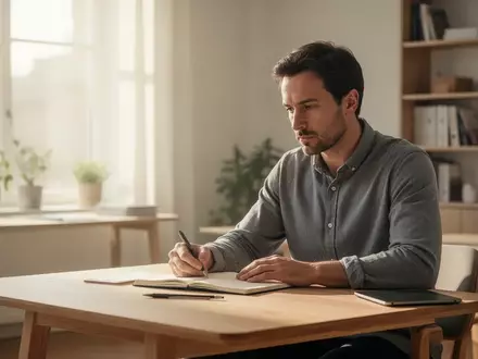 Eine konzentrierte Person sitzt an einem minimalistischen Schreibtisch in einem hellen Büro und macht sich Notizen. - Foto: über boerse-global.de