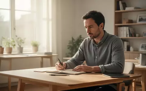 Eine konzentrierte Person sitzt an einem minimalistischen Schreibtisch in einem hellen Büro und macht sich Notizen. - Foto: über boerse-global.de
