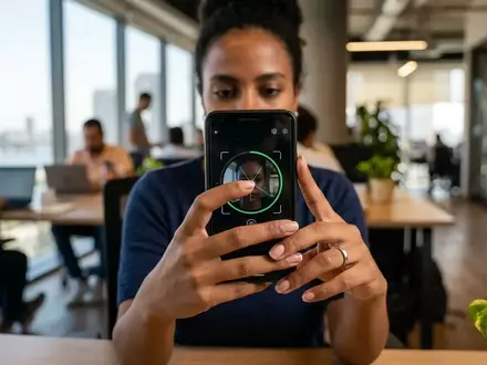 Eine Person nutzt ein Smartphone zur biometrischen Identitätsprüfung für Online-Banking in einem modernen Büro. - Foto: über boerse-global.de