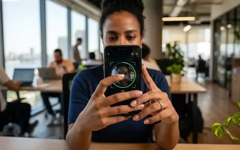 Eine Person nutzt ein Smartphone zur biometrischen Identitätsprüfung für Online-Banking in einem modernen Büro. - Foto: über boerse-global.de