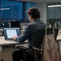 Eine Person arbeitet abends an einem Laptop, während im Hintergrund ein Arbeitskittel auf einem Stuhl hängt, was den Wechsel zwischen Hauptberuf und Nebenjob symbolisiert. - Foto: über boerse-global.de