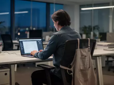 Eine Person arbeitet abends an einem Laptop, während im Hintergrund ein Arbeitskittel auf einem Stuhl hängt, was den Wechsel zwischen Hauptberuf und Nebenjob symbolisiert. - Foto: über boerse-global.de