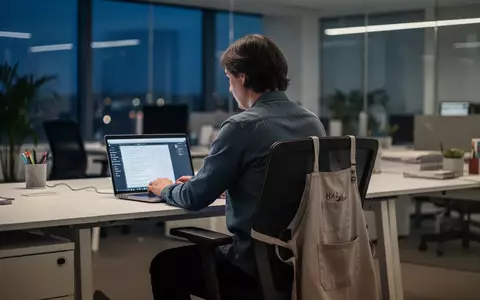 Eine Person arbeitet abends an einem Laptop, während im Hintergrund ein Arbeitskittel auf einem Stuhl hängt, was den Wechsel zwischen Hauptberuf und Nebenjob symbolisiert. - Foto: über boerse-global.de
