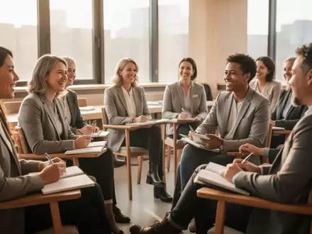 Eine Gruppe von Erwachsenen sitzt in einem hellen Seminarraum und nimmt an einem Workshop zur Resilienz teil. - Foto: über boerse-global.de