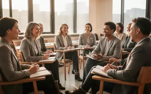 Eine Gruppe von Erwachsenen sitzt in einem hellen Seminarraum und nimmt an einem Workshop zur Resilienz teil. - Foto: über boerse-global.de