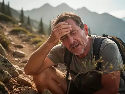 Ein erschöpfter Wanderer ruht sich an einem heißen Sommertag auf einem Bergpfad aus. - Foto: über boerse-global.de