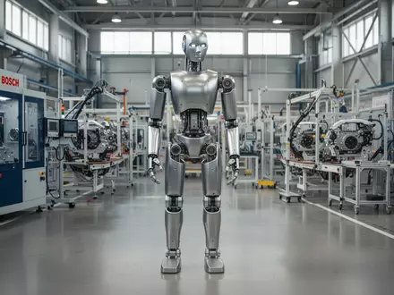 Ein humanoider Roboter steht in einer modernen Bosch-Fertigungshalle zwischen industriellen Maschinen. - Foto: über boerse-global.de