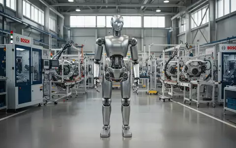 Ein humanoider Roboter steht in einer modernen Bosch-Fertigungshalle zwischen industriellen Maschinen. - Foto: über boerse-global.de