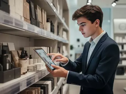 Ein junger Auszubildender im modernen Einzelhandel bei der Arbeit mit einem digitalen Tablet an einem Warenregal. - Foto: über boerse-global.de