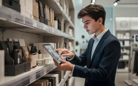 Ein junger Auszubildender im modernen Einzelhandel bei der Arbeit mit einem digitalen Tablet an einem Warenregal. - Foto: über boerse-global.de