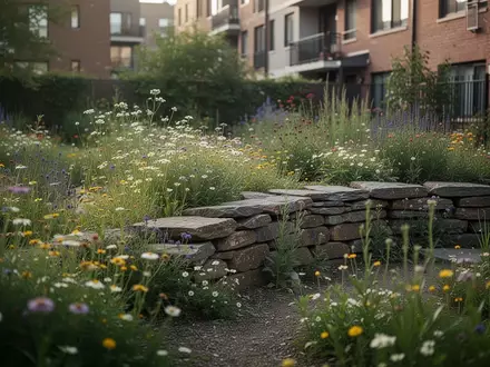 Naturnahe Gartenanlage in einem Wohngebiet mit heimischen Wildblumen und einer Trockenmauer zur Förderung der Biodiversität. - Foto: über boerse-global.de