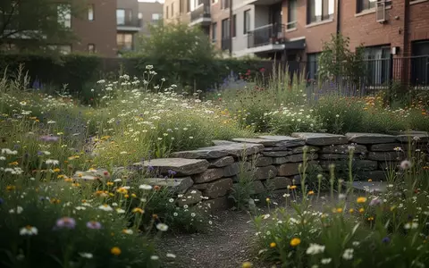 Naturnahe Gartenanlage in einem Wohngebiet mit heimischen Wildblumen und einer Trockenmauer zur Förderung der Biodiversität. - Foto: über boerse-global.de