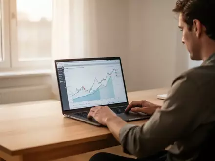 Eine Person sitzt an einem minimalistischen Schreibtisch und betrachtet Finanzgrafiken auf einem Laptop in einer hellen Wohnung. - Foto: über boerse-global.de
