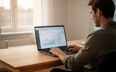 Eine Person sitzt an einem minimalistischen Schreibtisch und betrachtet Finanzgrafiken auf einem Laptop in einer hellen Wohnung. - Foto: über boerse-global.de