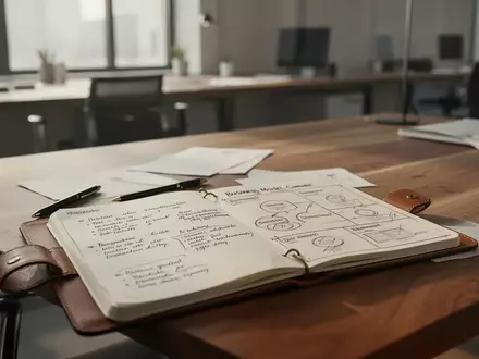 Ein minimalistischer Schreibtisch mit einem Notizbuch und einer strategischen Skizze zur Geschäftsmodellentwicklung. - Foto: über boerse-global.de