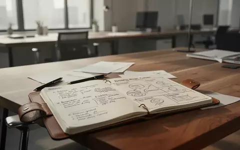 Ein minimalistischer Schreibtisch mit einem Notizbuch und einer strategischen Skizze zur Geschäftsmodellentwicklung. - Foto: über boerse-global.de