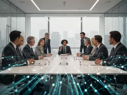 Professionelle Büroumgebung mit einem Team in Geschäftskleidung, das in einem modernen Konferenzraum an Finanztechnologien arbeitet. - Foto: über boerse-global.de