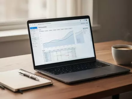 Ein moderner, aufgeräumter Schreibtisch mit Laptop, Notizbuch und Kaffeetasse in einer professionellen Arbeitsumgebung. - Foto: über boerse-global.de