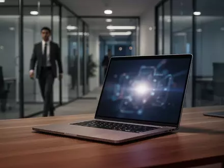 Ein Laptop steht auf einem Schreibtisch in einem modernen, schwach beleuchteten Büro, das die Risiken der KI-Datennutzung symbolisiert. - Foto: über boerse-global.de