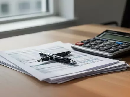 Ein moderner Schreibtisch mit Finanzunterlagen und einem Taschenrechner in einem hellen Bürogebäude. - Foto: über boerse-global.de