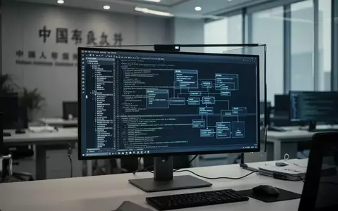 Ein moderner Büroarbeitsplatz mit einem Monitor, auf dem komplexe Software-Codezeilen in einer professionellen Umgebung zu sehen sind. - Foto: über boerse-global.de