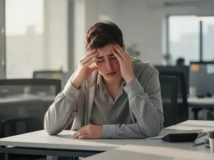 Ein erschöpfter junger Angestellter sitzt an einem modernen Schreibtisch in einem hellen Büro und wirkt nachdenklich. - Foto: über boerse-global.de