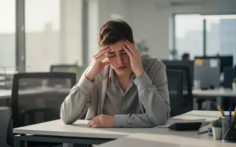 Ein erschöpfter junger Angestellter sitzt an einem modernen Schreibtisch in einem hellen Büro und wirkt nachdenklich. - Foto: über boerse-global.de