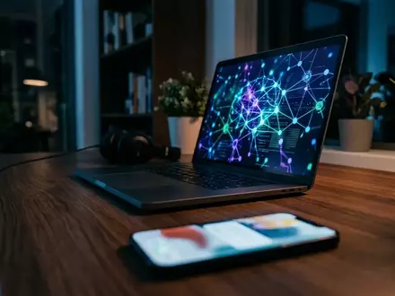 Ein Laptop mit einer digitalen Netzwerkgrafik und ein Smartphone mit Sicherheitsbenachrichtigung auf einem Schreibtisch. - Foto: über boerse-global.de