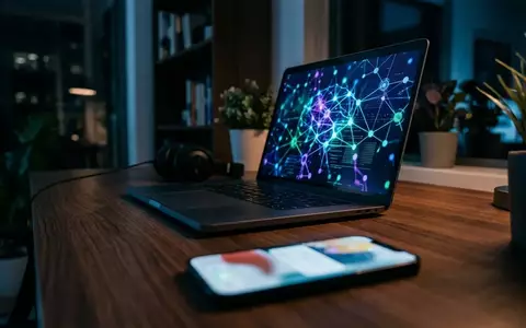Ein Laptop mit einer digitalen Netzwerkgrafik und ein Smartphone mit Sicherheitsbenachrichtigung auf einem Schreibtisch. - Foto: über boerse-global.de