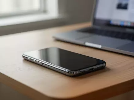 Ein modernes Smartphone liegt auf einem minimalistischen Schreibtisch neben einem Laptop, Fokus auf technischer Sicherheit. - Foto: über boerse-global.de