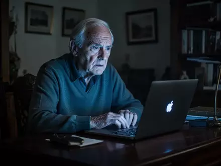 Ein älterer Mann sitzt besorgt vor einem Laptop in einem schwach beleuchteten Arbeitszimmer. - Foto: über boerse-global.de