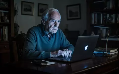 Ein älterer Mann sitzt besorgt vor einem Laptop in einem schwach beleuchteten Arbeitszimmer. - Foto: über boerse-global.de