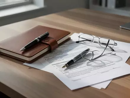 Ein Schreibtisch mit einem Notizbuch, einer Brille und einem Arbeitsvertrag in einem hellen, modernen Büro. - Foto: über boerse-global.de