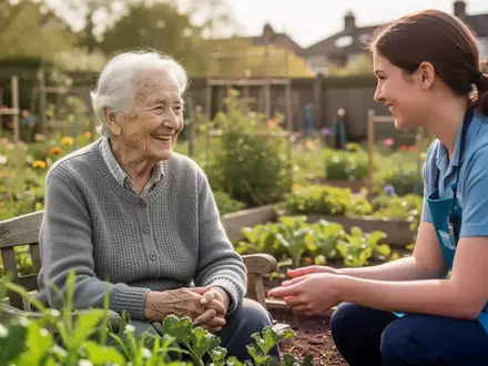 Ein älterer Mensch unterhält sich lächelnd mit einem Freiwilligen in einem Gemeinschaftsgarten als Teil eines sozialen Projekts. - Foto: über boerse-global.de