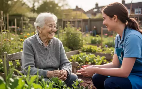 Ein älterer Mensch unterhält sich lächelnd mit einem Freiwilligen in einem Gemeinschaftsgarten als Teil eines sozialen Projekts. - Foto: über boerse-global.de