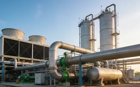 Moderne Industrieanlage zur Produktion von grünem Wasserstoff mit Stahltanks und Rohrleitungen bei Tageslicht. - Foto: über boerse-global.de