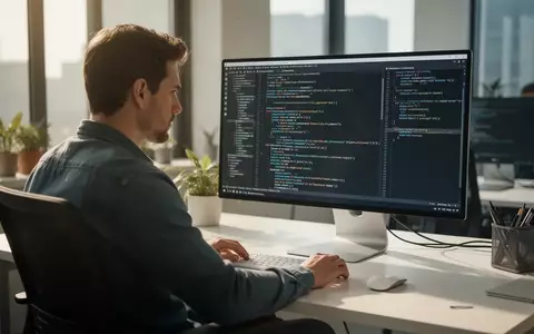 Ein Softwareentwickler arbeitet an einem modernen Computerbildschirm mit komplexem Programmcode in einem hellen Büro. - Foto: über boerse-global.de