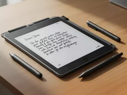 Ein schlankes E-Ink-Notizbuch mit einem Stylus-Stift auf einem Holztisch bei natürlichem Licht. - Foto: über boerse-global.de