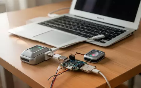 Ein offenes MacBook auf einem Holztisch mit einem angeschlossenen DIY-Fingerabdrucksensor und Mikrocontroller. - Foto: über boerse-global.de