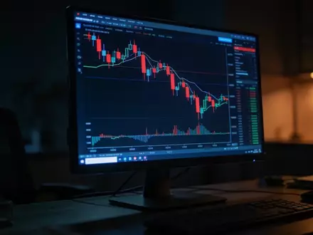 Ein dunkler Handelsplatz mit einem rot fallenden Kurschart auf einem Monitor, das eine negative Marktstimmung symbolisiert. - Foto: über boerse-global.de