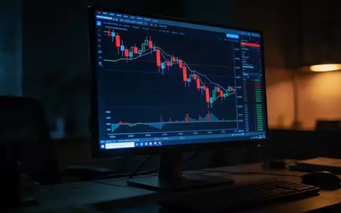 Ein dunkler Handelsplatz mit einem rot fallenden Kurschart auf einem Monitor, das eine negative Marktstimmung symbolisiert. - Foto: über boerse-global.de