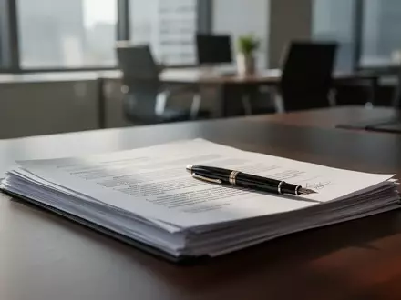 Stapel juristischer Dokumente mit einem Füllfederhalter auf einem dunklen Schreibtisch in einem modernen Büro. - Foto: über boerse-global.de