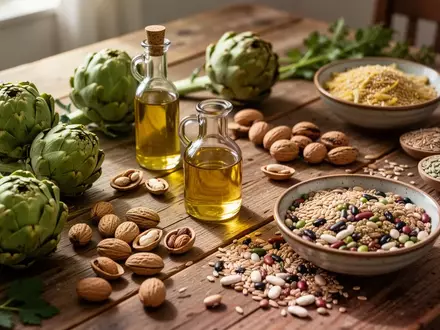 Arrangement aus Artischocken, Nüssen, Rapsöl und ballaststoffreichen Lebensmitteln auf einem Holztisch. - Foto: über boerse-global.de