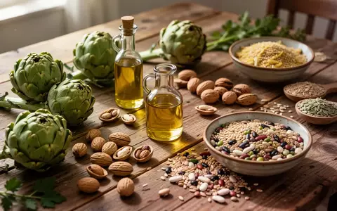 Arrangement aus Artischocken, Nüssen, Rapsöl und ballaststoffreichen Lebensmitteln auf einem Holztisch. - Foto: über boerse-global.de