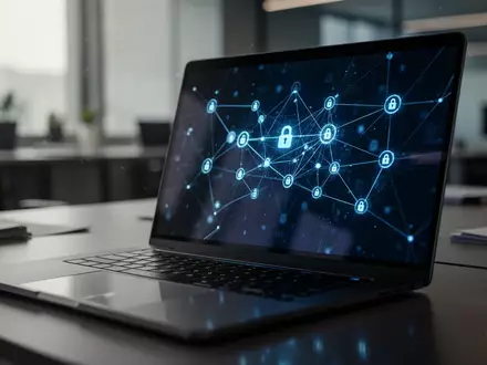 Ein beleuchteter Laptop in einem modernen Büro zeigt abstrakte digitale Netzwerkgrafiken zur Cybersicherheit. - Foto: über boerse-global.de
