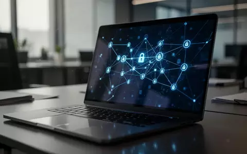 Ein beleuchteter Laptop in einem modernen Büro zeigt abstrakte digitale Netzwerkgrafiken zur Cybersicherheit. - Foto: über boerse-global.de