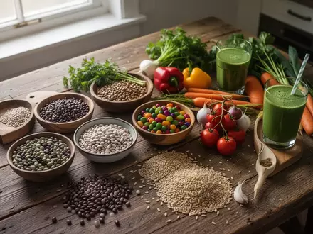 Eine Auswahl an frischem Gemüse, Hülsenfrüchten und Vollkornprodukten auf einem Holztisch als Symbol für ballaststoffreiche Ernährung. - Foto: über boerse-global.de