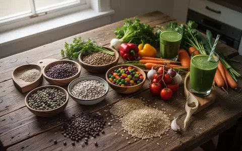 Eine Auswahl an frischem Gemüse, Hülsenfrüchten und Vollkornprodukten auf einem Holztisch als Symbol für ballaststoffreiche Ernährung. - Foto: über boerse-global.de