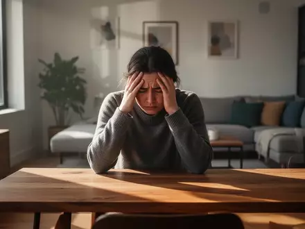 Eine nachdenklich wirkende Person sitzt an einem Holztisch in einem sonnendurchfluteten Raum und wirkt sichtlich überfordert. - Foto: über boerse-global.de